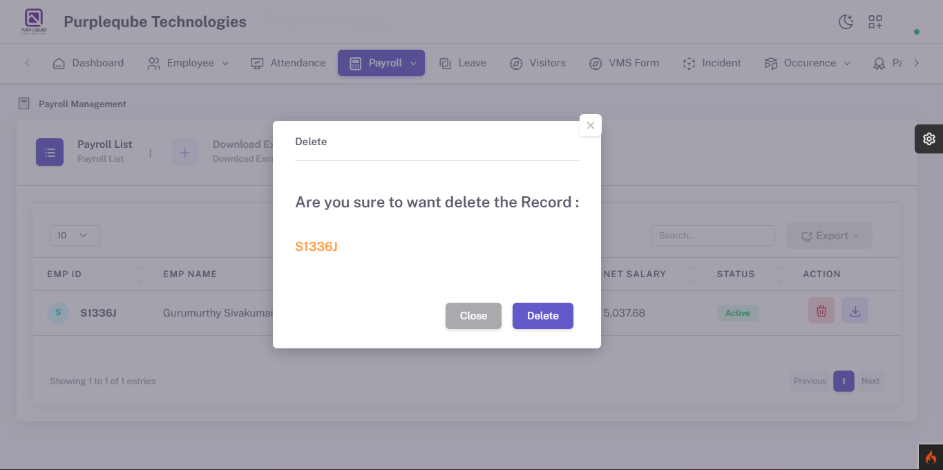 Delete confirmation dialog asking Are you sure to want delete the Record with employee ID S1336J highlighted in orange